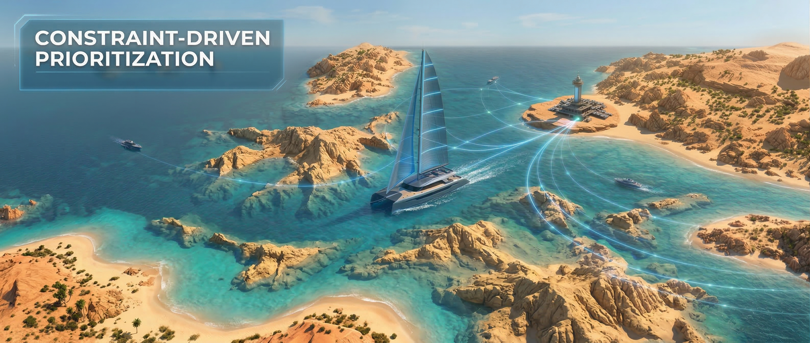Aerial view of a sailboat navigating between rocky islands with digital signal arcs, overlaid with the text Constraint-Driven Prioritization